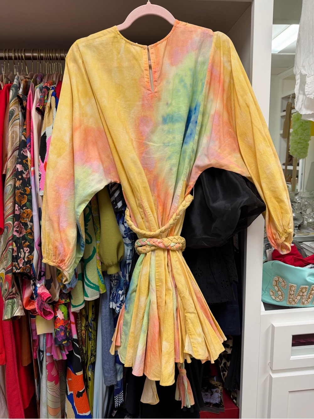Rhode Tie-Dye Yellow Multicolor Boho Kimono with Braided Belt - Picture 4 of 5